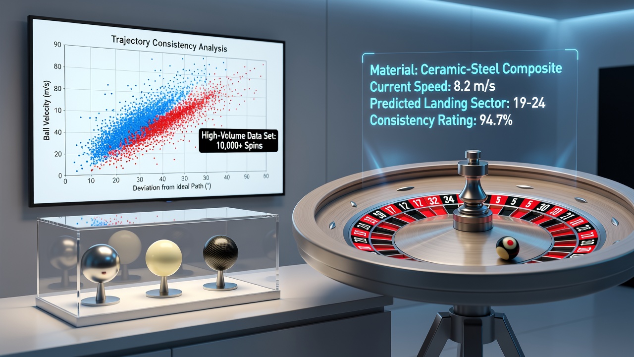 Technician inspecting roulette wheel and ball assembly during routine calibration in a busy casino environment